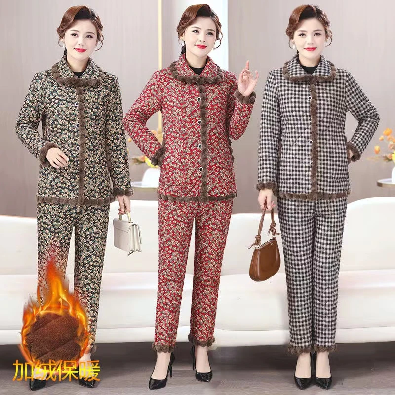 妈妈装冬季棉服两件套加绒加厚保暖棉袄套装洋气遮肉减龄棉衣棉裤