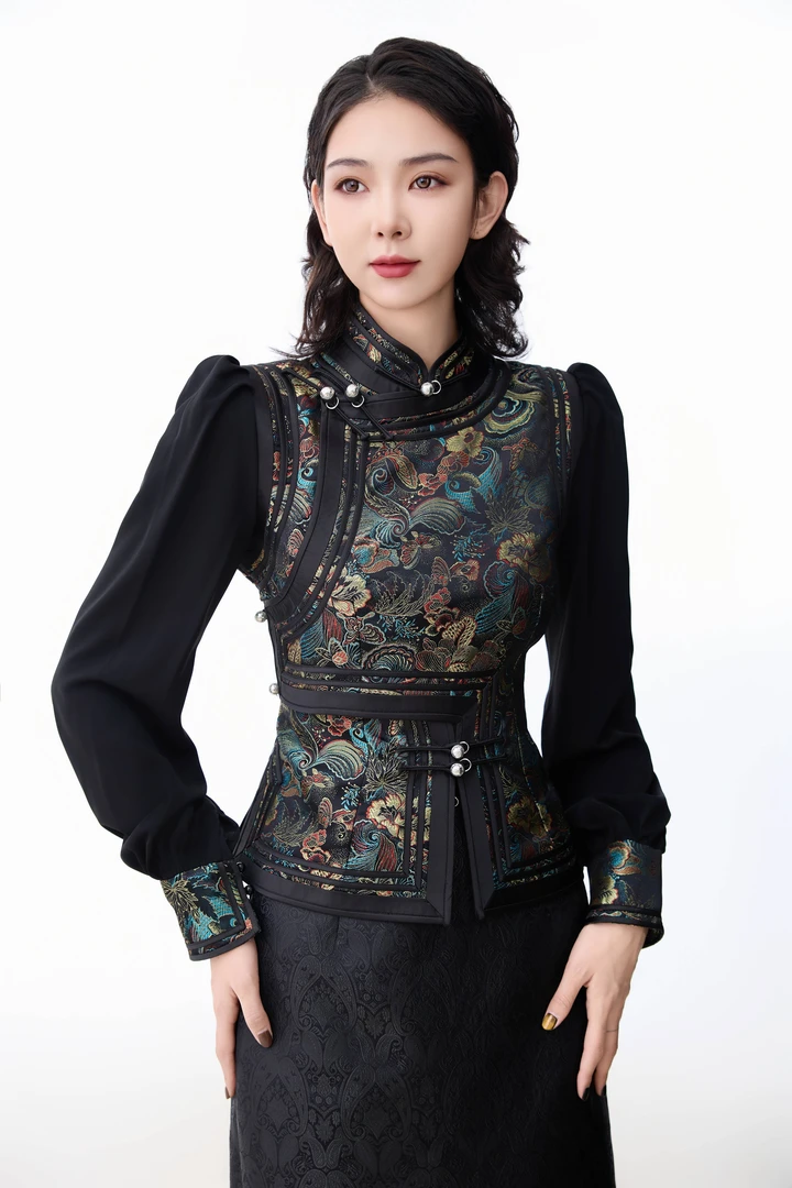 【阿泯娜】XF2503时尚气质民族风纱袖马甲短款上衣女装