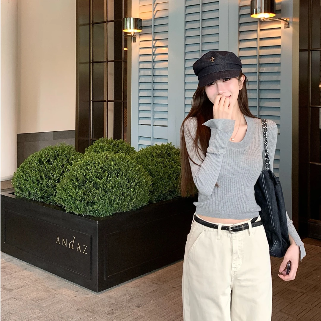 【618现货5折】气质简约休闲风长袖针织衫时尚百搭修身上衣81319