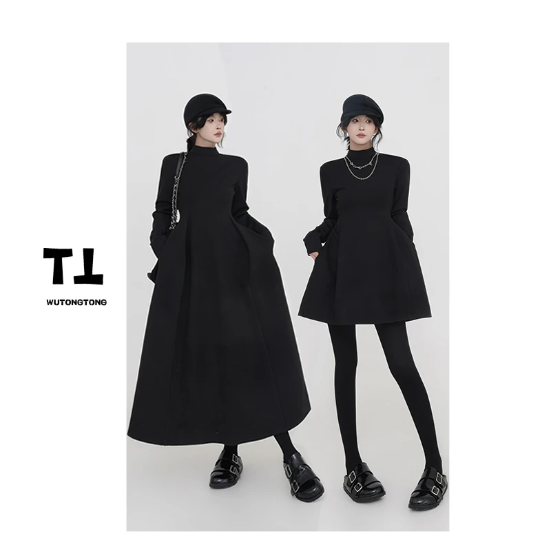 【累积积分】冬季新款高领长袖连衣裙女休闲长款A字打底裙61488