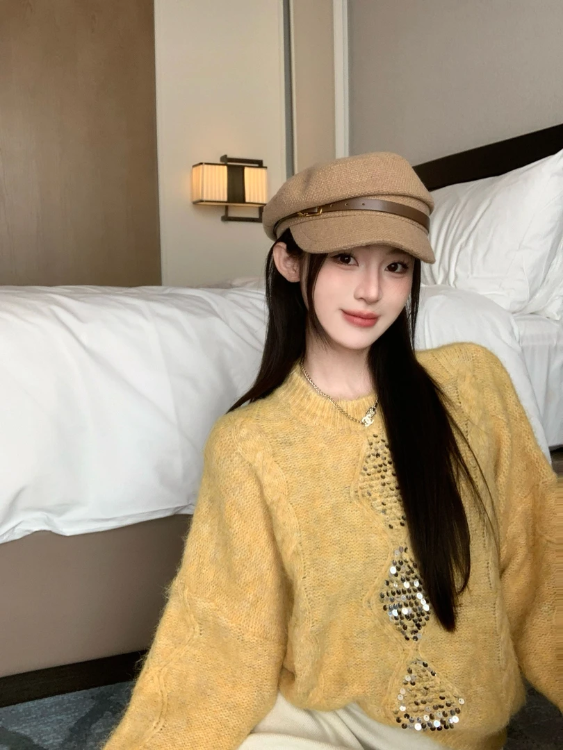 【618现货5折】 新款慵懒风菱格钻闪亮片亮丝毛衣女时尚百搭 4076