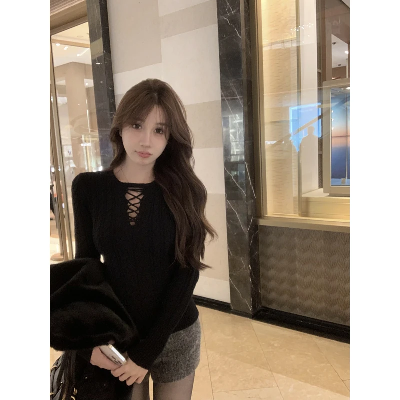 【观想空间】复古设计感收腰毛衣修身圆领针织衫时尚百搭上衣81550