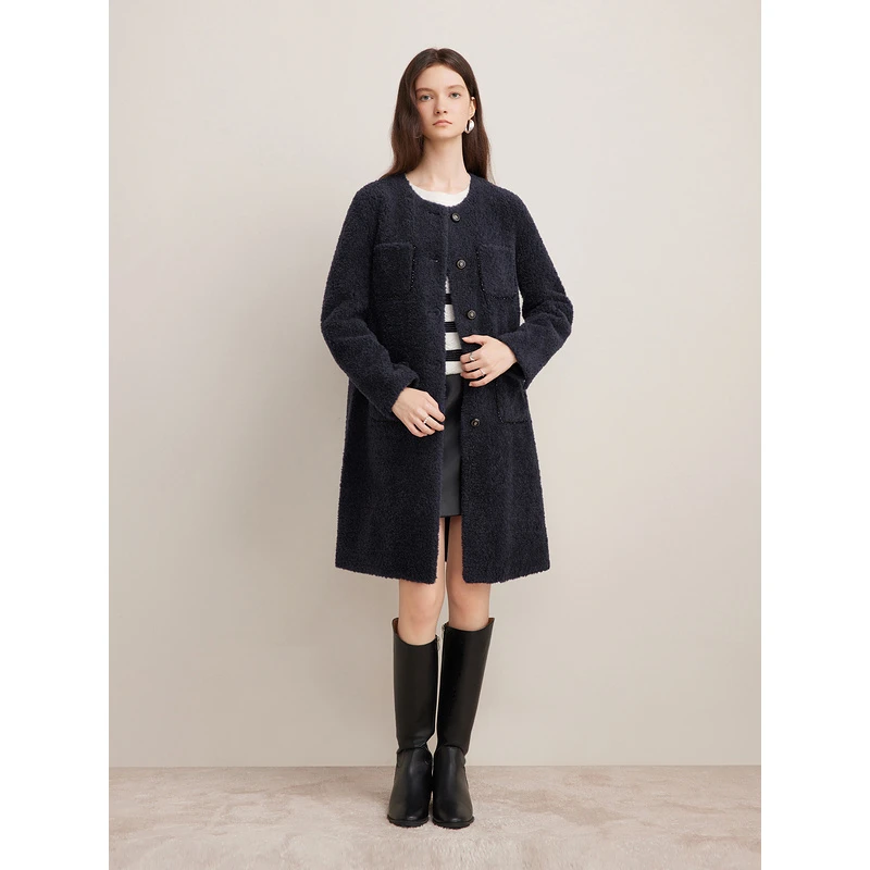 Goodland美地冬季新款小香风法式中长款羊剪毛大衣外套LC64580020