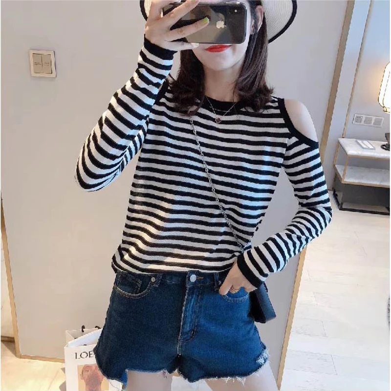 欧货2025春秋新款宽松设计感长袖t恤百搭条纹露肩打底衫上衣女潮