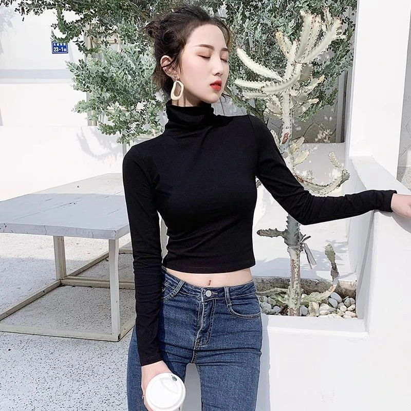 黑色高领打底衫女春季内搭新款洋气修身长袖高腰露脐网红紧身上衣