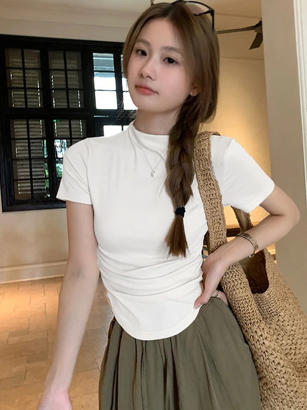 褶皱收腰半高领短袖正肩T恤女夏季设计感显瘦辣妹纯色不规则上衣