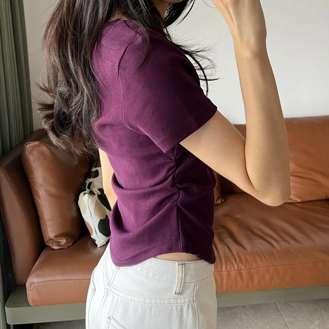 chic甜辣妹纯欲紫色正肩短袖T恤女装夏季显瘦打底衫短款收腰上衣