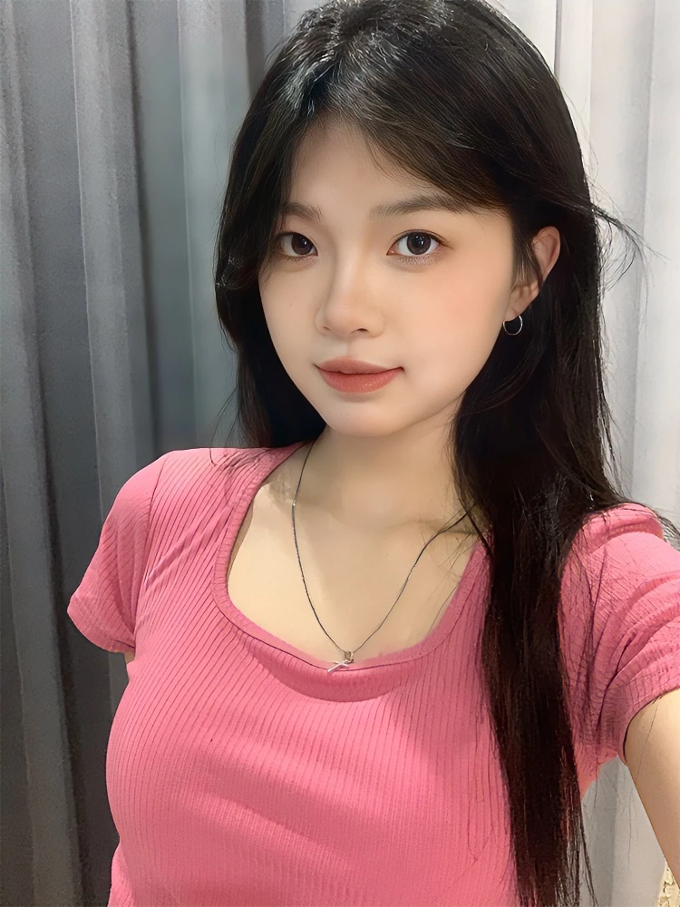 夏季肌理感坑条纯色大方领正肩短袖女修身辣妹短款卡腰T恤上衣ins