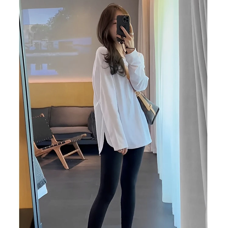白色打底衫女内搭春秋新款上衣中长款小个子长袖开叉宽松外穿t恤