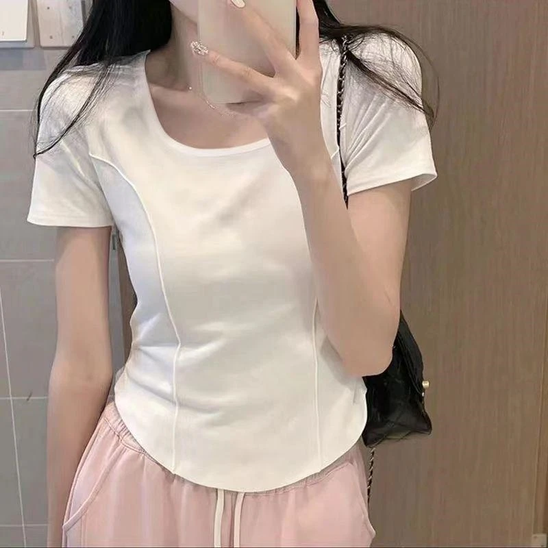 棉质正肩白色短袖t恤女夏季短款辣妹不规则修身收腰鱼骨半袖上衣