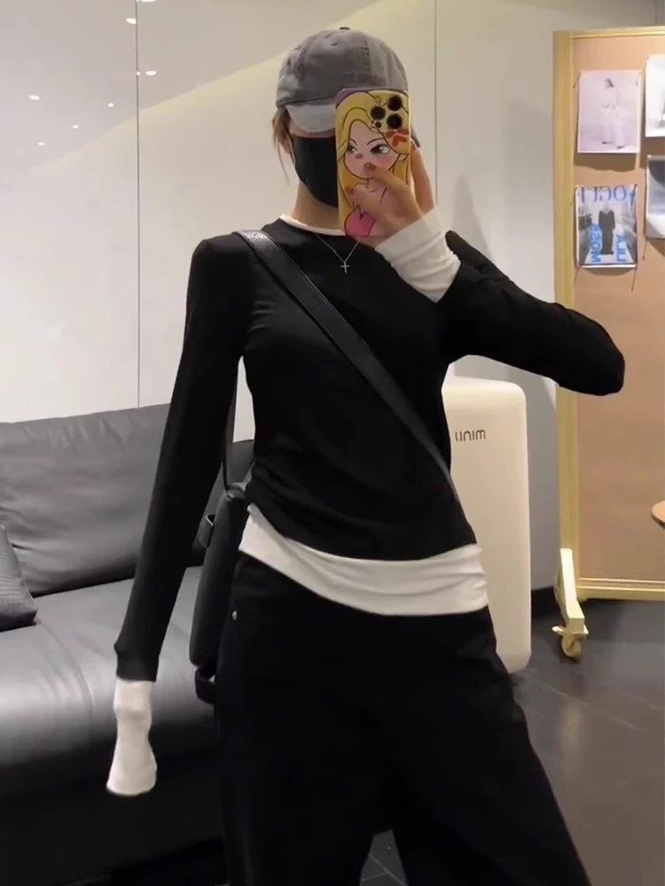 黑白拼色假两件长袖T恤女2023欧货休闲百搭显瘦内搭纯棉打底衫潮