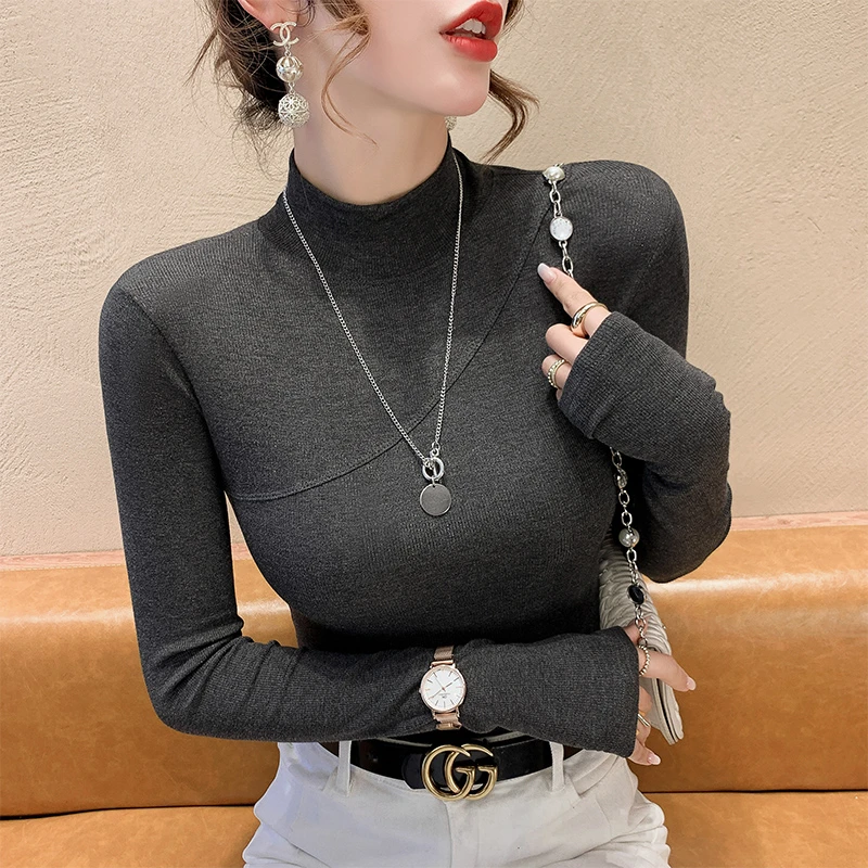 欧货半高领打底衫女士秋冬新款内搭磨毛加厚紧身上衣修身长袖T恤