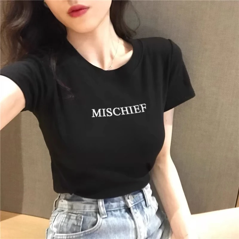 欧洲站2024夏季新款短袖t恤女ins潮夏打底衫内搭chic港味黑色上衣