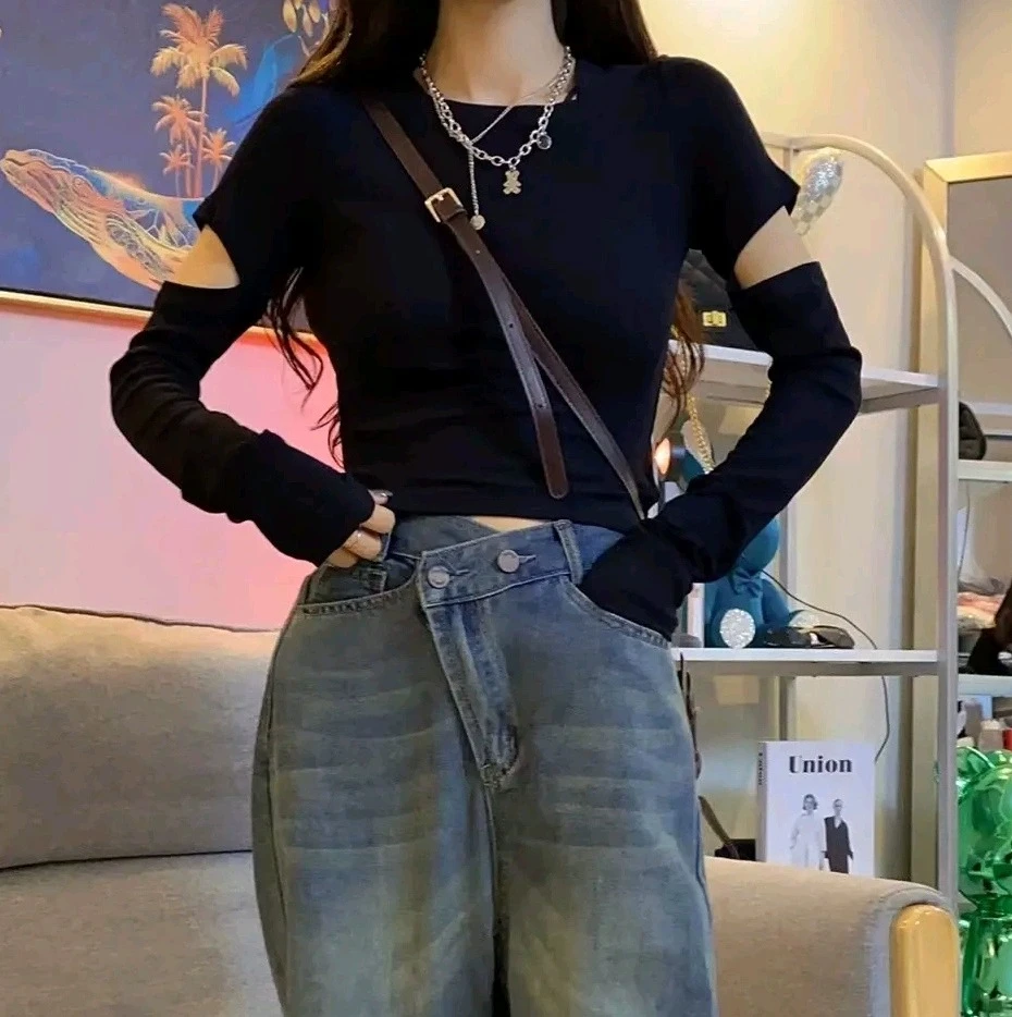 春秋新款长袖露肘打底T恤女修身显瘦套头打底衫百搭短款上衣ins潮