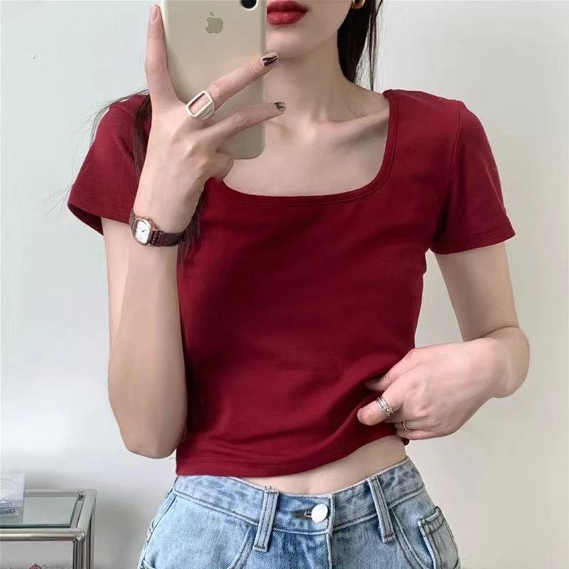 方领显瘦酒红色短袖T恤女夏季新款辣妹小众短款高腰露脐正肩上衣