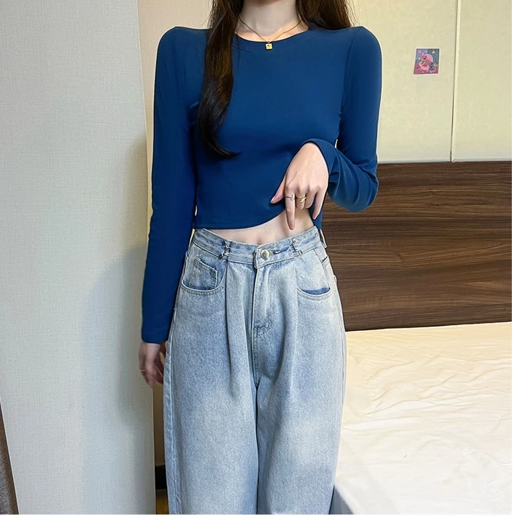 圆领长袖正肩t恤女秋季2023新款纯棉打底衫短款内搭美拉德上衣ins