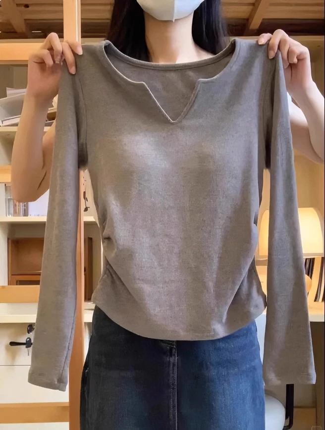 v领打底衫女装新款德绒加绒加厚小上衣内搭秋冬显瘦不规则长袖t恤