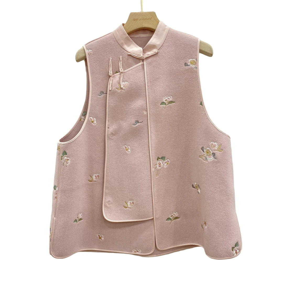 品妙家100%羊毛秋新款立领国风盘扣中式宽松无袖马夹绣花时尚