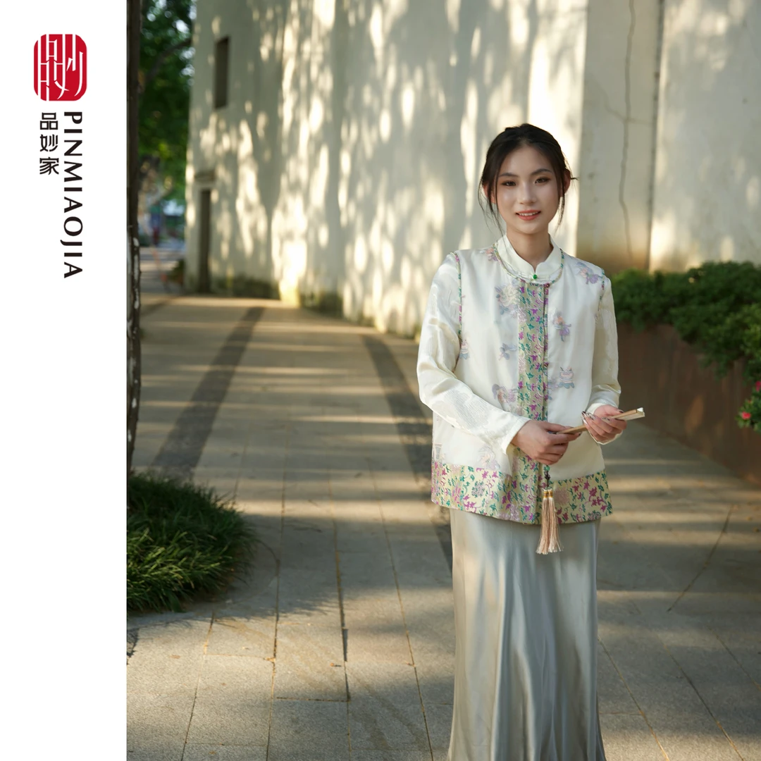品妙家新中式宋锦刺绣100桑蚕丝气质时尚圆领马甲复古春夏中国风