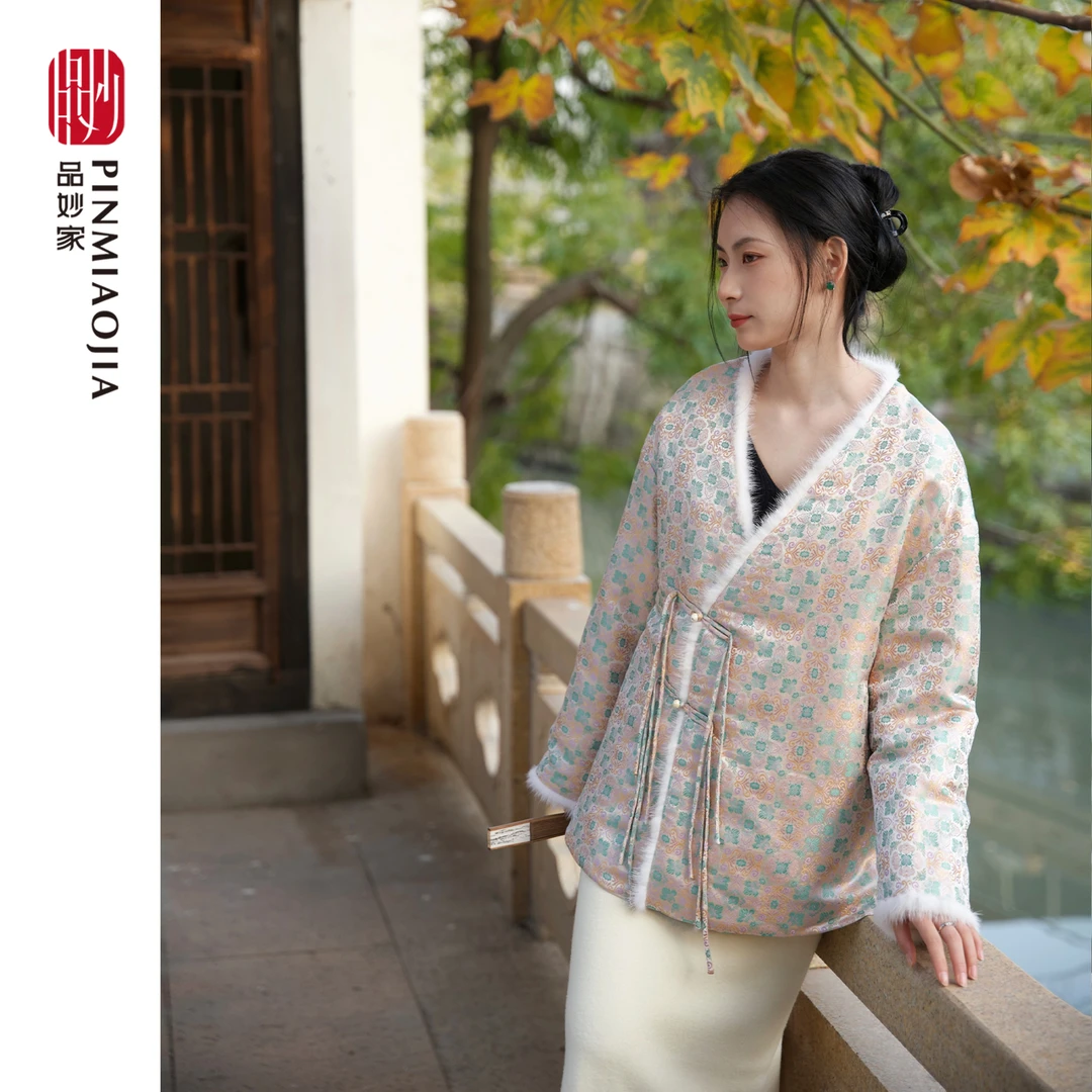 品妙家新中式四如意桑蚕丝宋锦90鹅绒服斜门襟禅意茶服2023冬外套