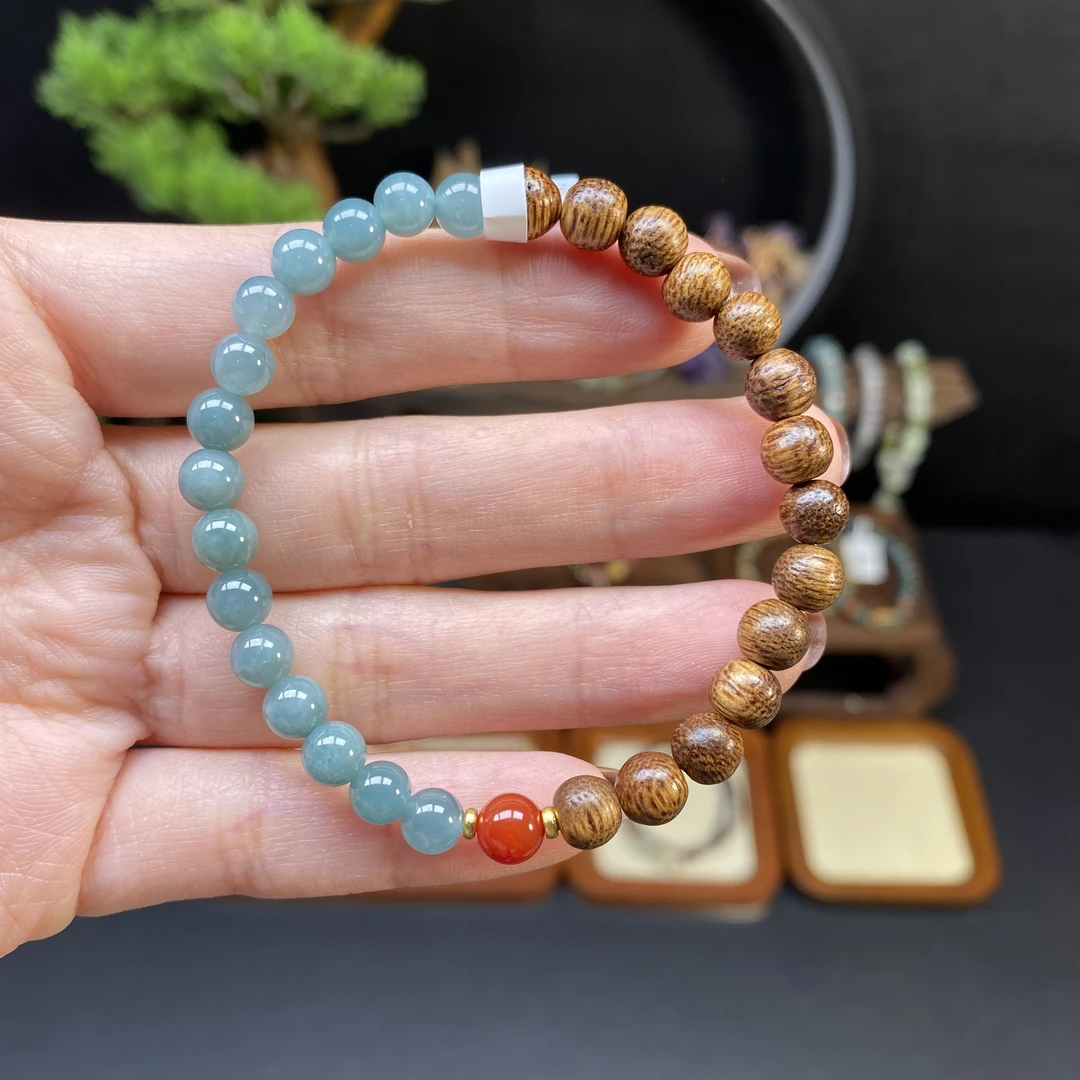 【天然翡翠6m手串】A450搭配沉香+玛瑙设计款手串时尚半山半水