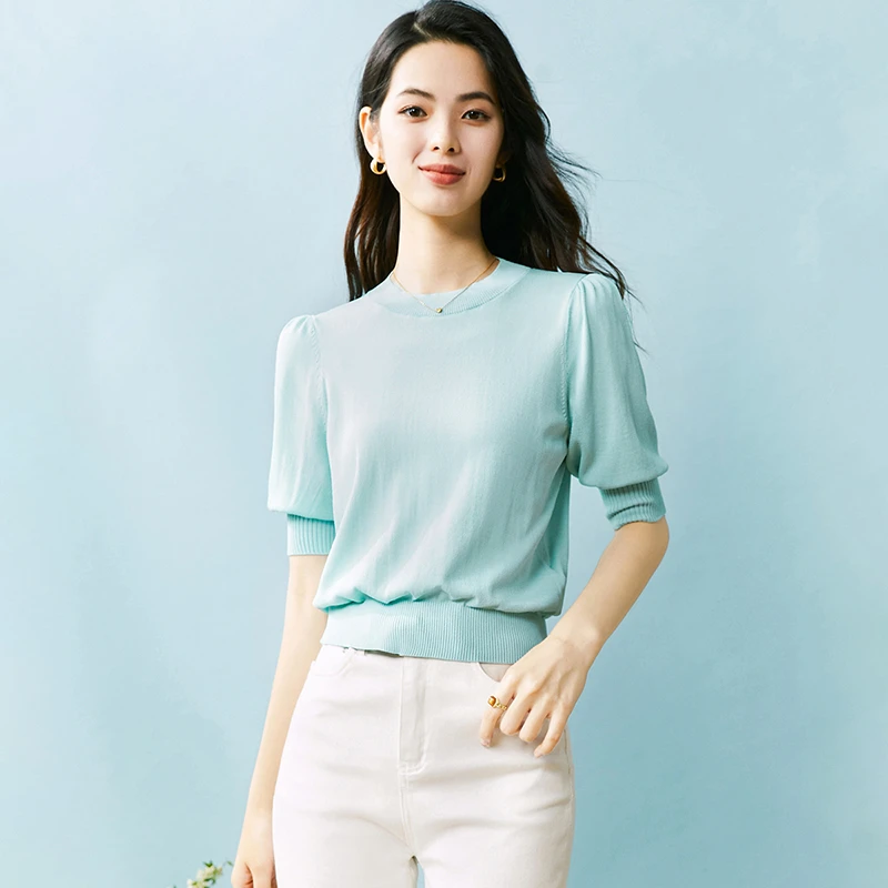 晚白夏季时尚简约休闲T流行纯色圆领减龄针织短袖女24031509