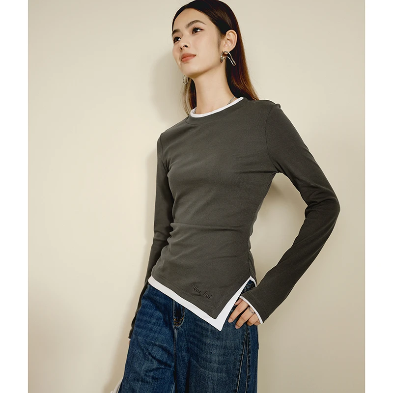 晚白时尚简约休闲T假两件圆领气质打底衫女24071504