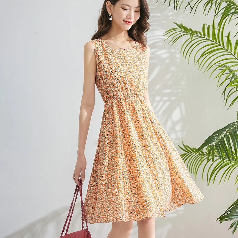 晚白新款减龄印花裙高腰圆领无袖背心裙通勤连衣裙24050977