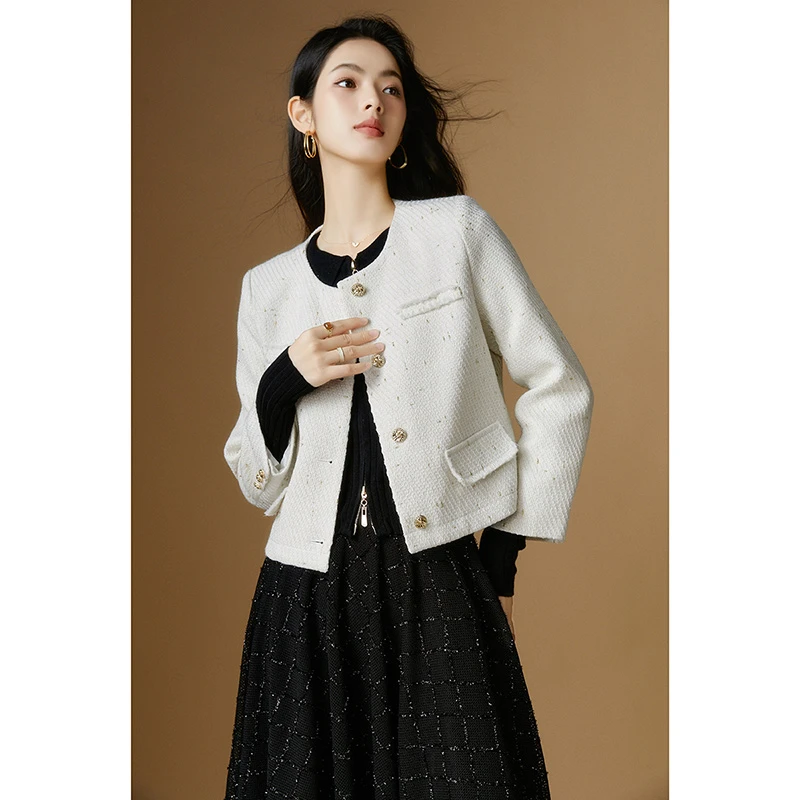 晚白春季新款小个子穿搭时尚粗花呢淑女气质OL小香风外套24070693