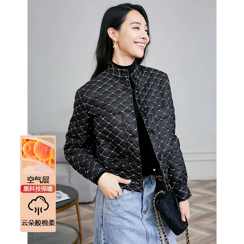晚白减龄格纹立领小个子短款时尚流行休闲棉服女23091625