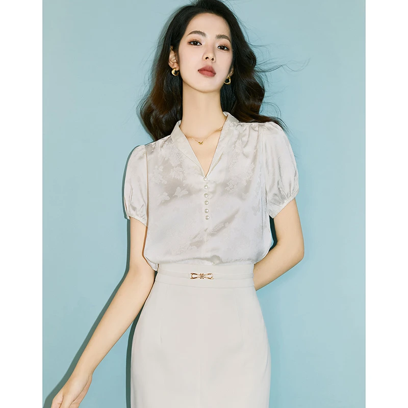 晚白新款气质淑女衬衣简约纯色套头短袖衬衫女24033027