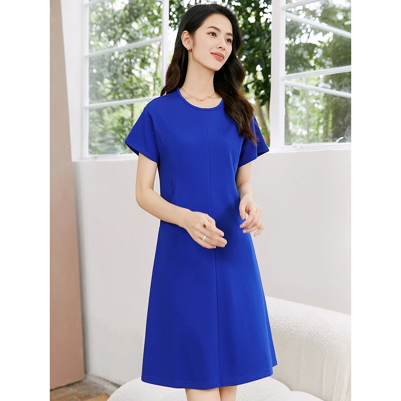 晚白裙子圆领短袖气质休闲显瘦时尚设计感蓝色连衣裙24052804