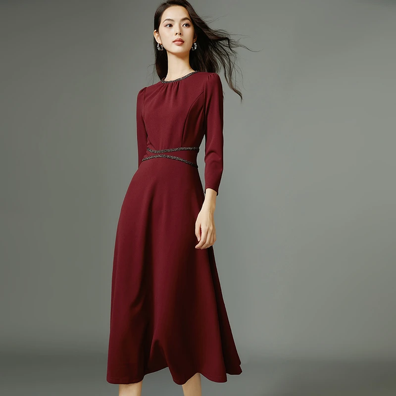 晚白春新款时尚简约裙子纯色流行修身安可拉红长袖连衣裙24062836