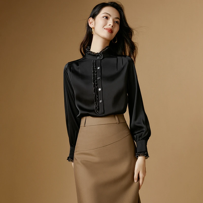 晚白春新款时尚衬衣休闲纯色花边立领通勤淑女衬衫女24071317