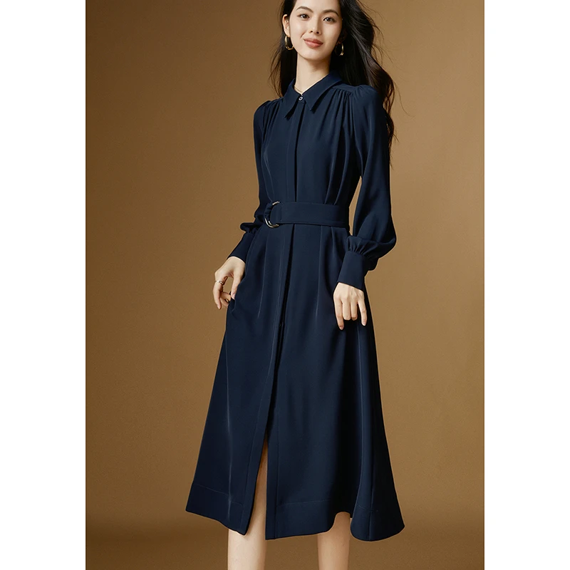 晚白新款时尚简约裙子高腰翻领纯色衬衫连衣裙24052305