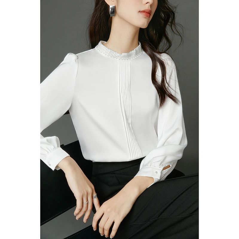 晚白新款欧若风时尚简约衬衣气质纯色通勤流行衬衫女24073104