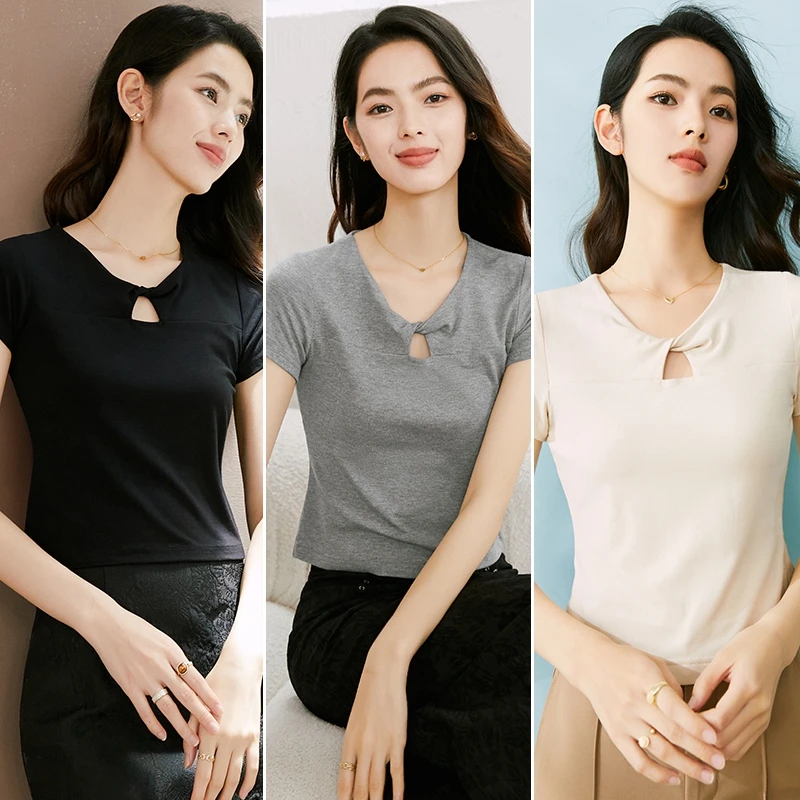 晚白弹力柔软气质T恤流行时尚纯色优雅短袖女24032090