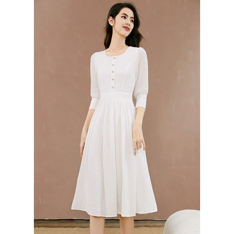 晚白欧若风法式时尚轻奢修身纯色通勤百褶淑女A字连衣裙24052933