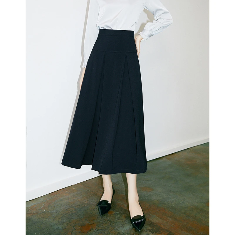 晚白时尚高腰气质大摆褶皱通勤流行半身裙24060689