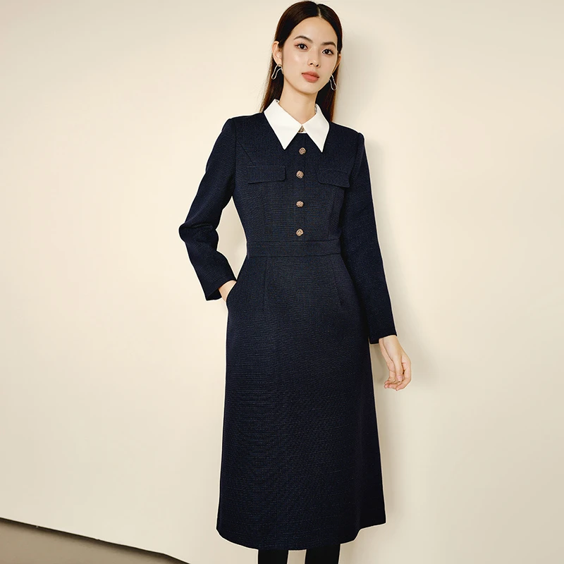 晚白秋冬时尚简约优雅休闲裙子气质翻领时尚修身连衣裙24082715