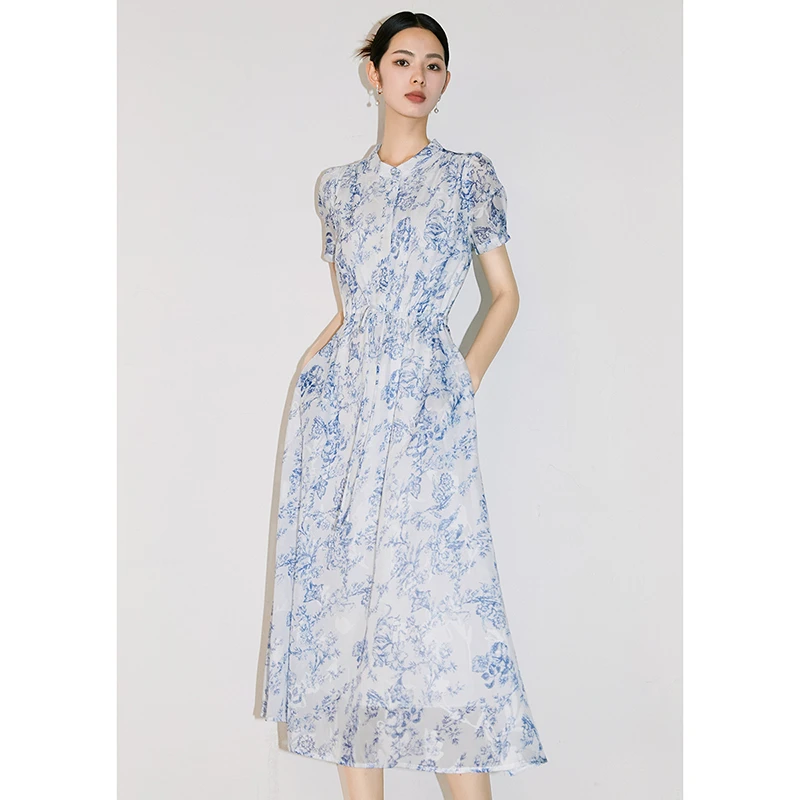 晚白新款时尚简约裙子休闲立领印花高腰雪纺连衣裙24032014