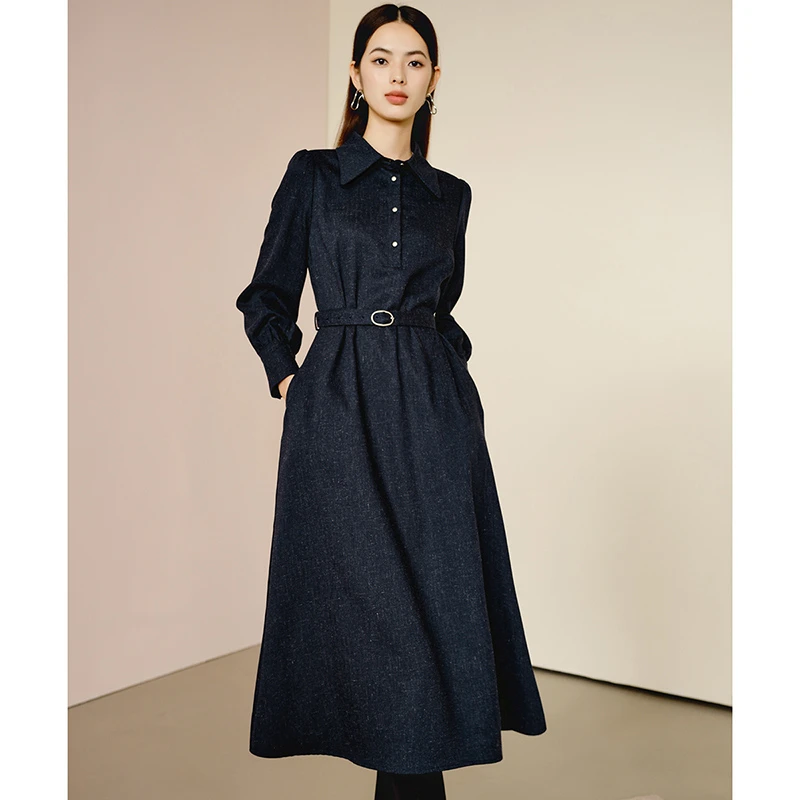 晚白2025早春新款纯色时尚长裙亚麻翻领显瘦通勤OL连衣裙24080151