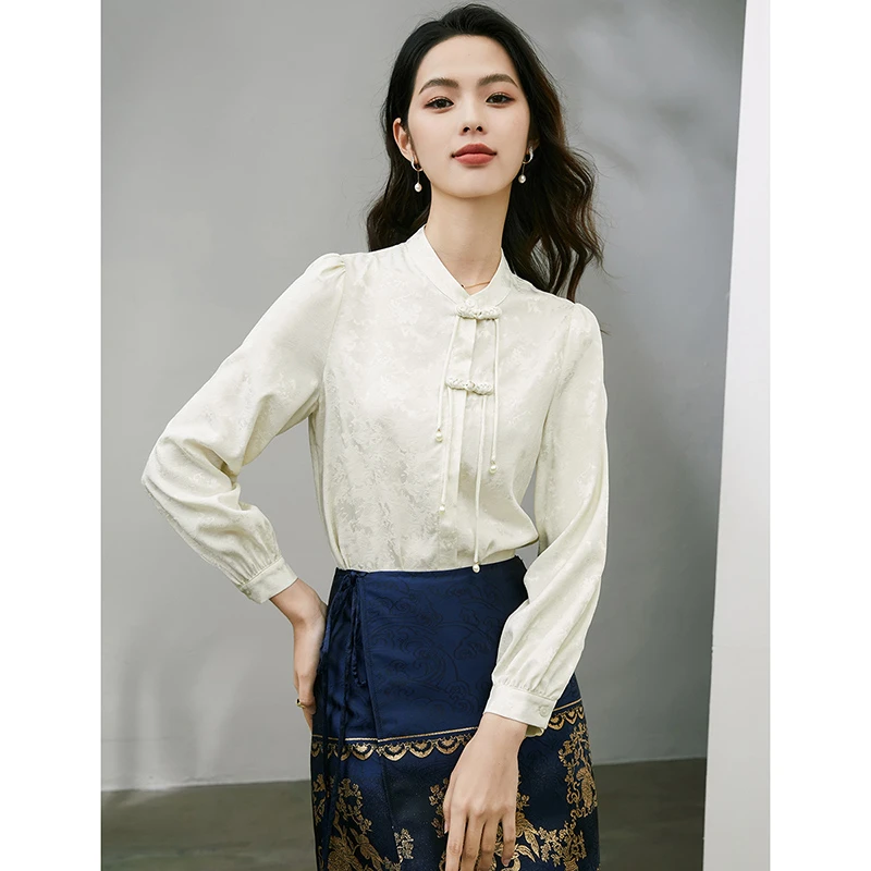 晚白秋季时尚立领提花衬衣气质新中式休闲国风衬衫女24032184