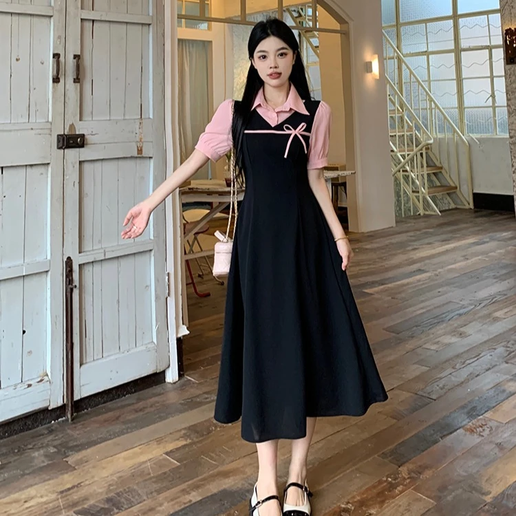 大码学院风短袖连衣裙女夏季收腰显瘦微胖MM假两件POLO领裙子1502