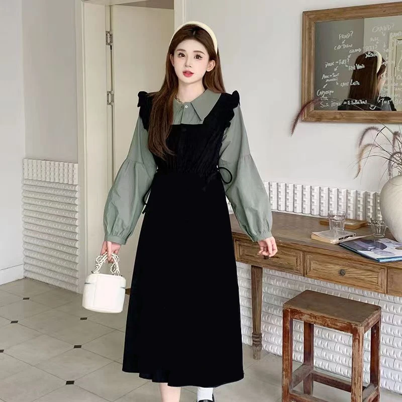 （80-200斤）大码微胖mm复古学院风假两件长袖连衣裙秋季a字裙1392