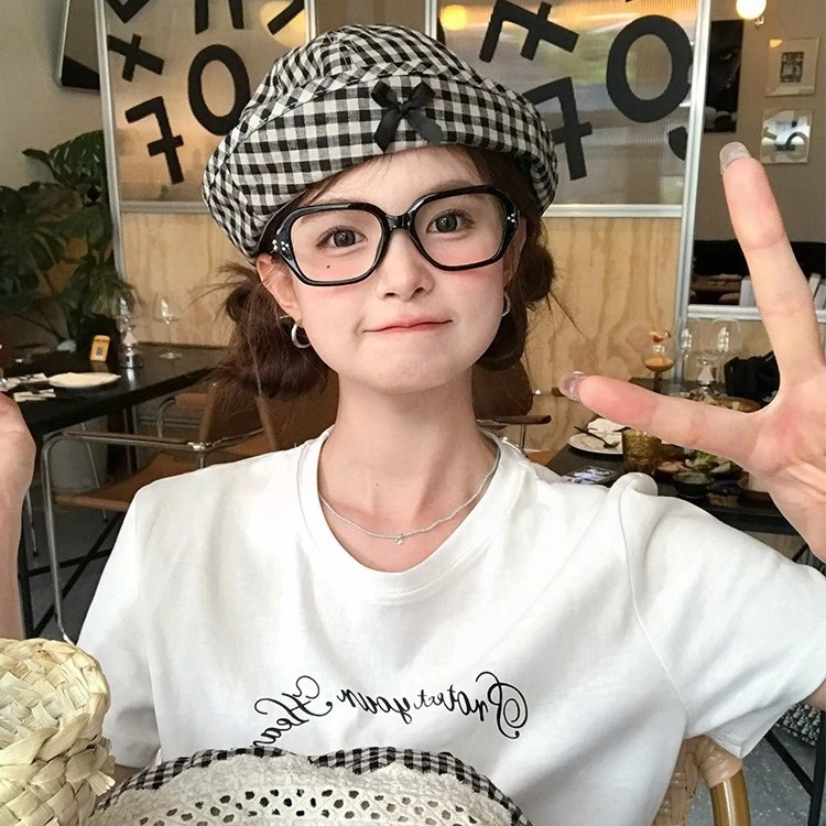 翻檐蝴蝶结格纹渔夫帽子女款薄款百搭显脸小水桶帽春秋新款水手帽