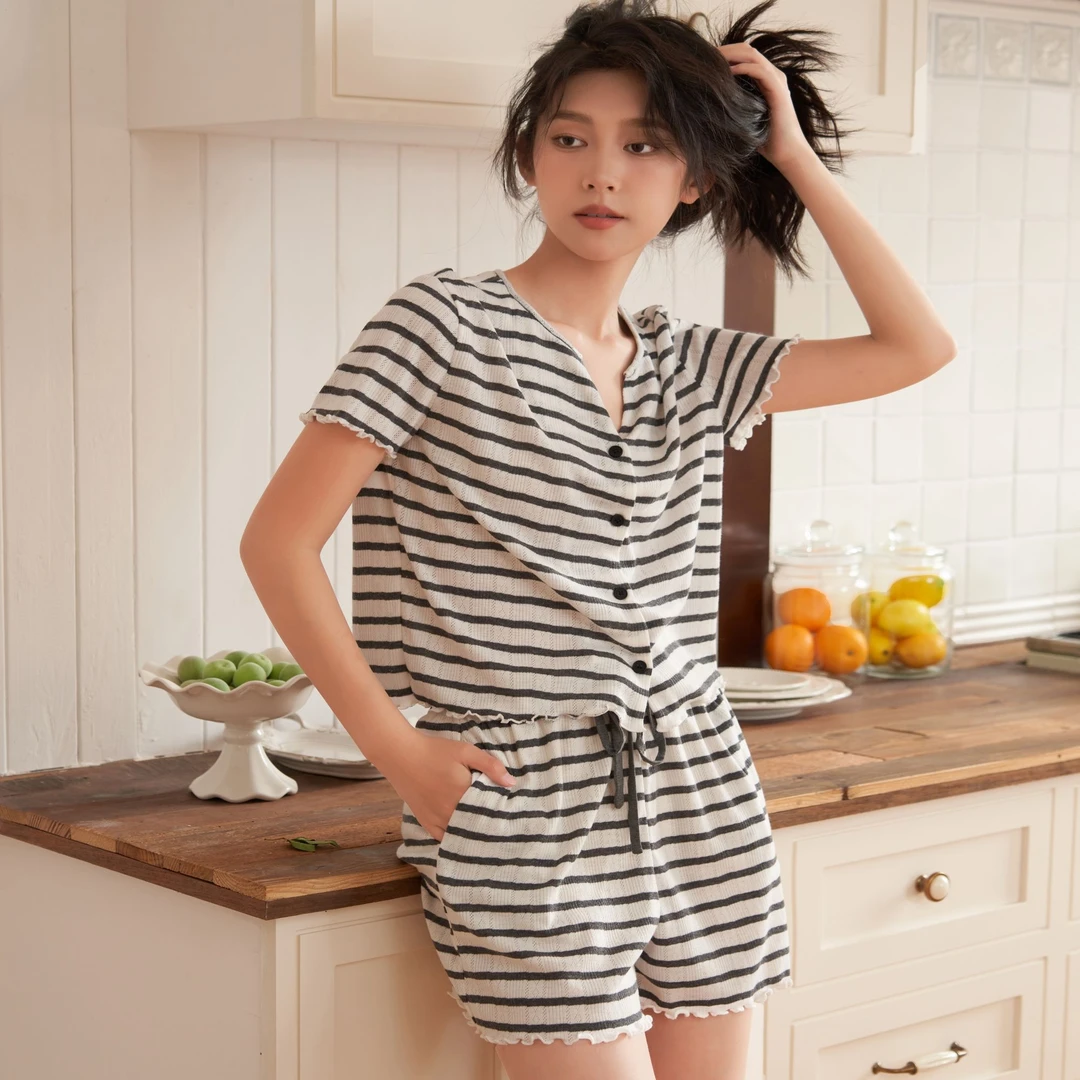 贝蕾丝【EBJ黑白条纹】男女同款短袖短裤睡衣套装夏季舒适休闲