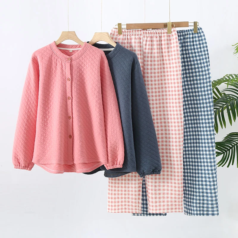 情侣款秋冬家居服长袖长裤空气棉夹棉睡衣保暖加厚款春秋款睡衣