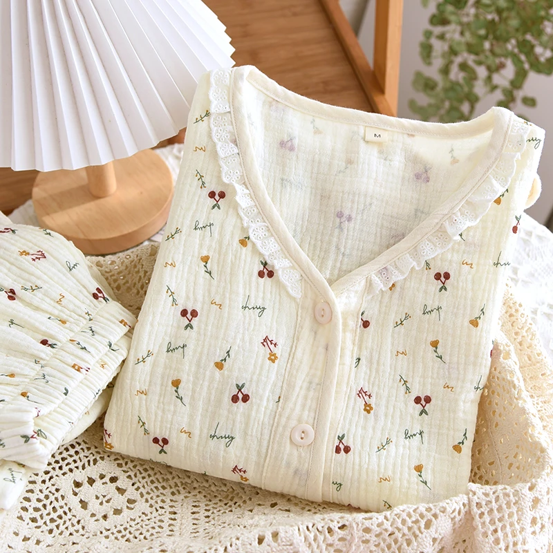 女睡衣纯棉睡衣女款春秋双层棉纱薄款吸汗洋气网红爆款2024新款