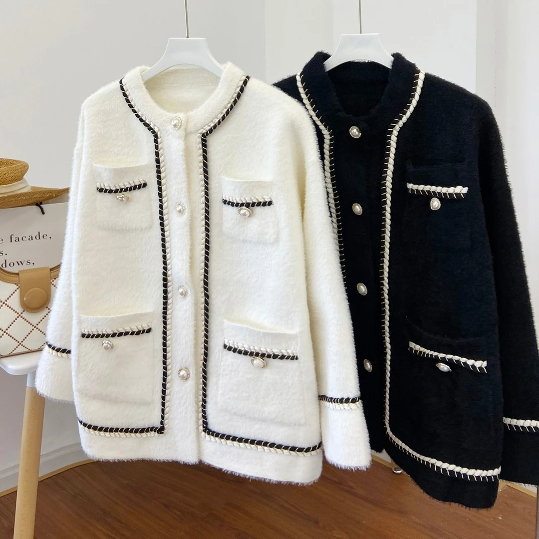 小香风仿貂绒上衣女黑色赫本风网红毛外套